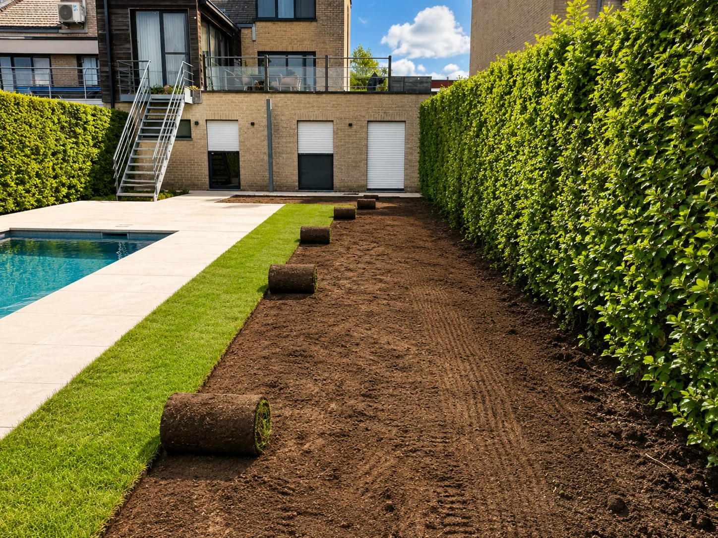 Nieuwe grasmatten klaargelegd tijdens de tuinrenovatie.